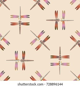 Decorative colored seamless pattern with cute dragonfly. Vintage background with many dragonflies silhouettes for your design.