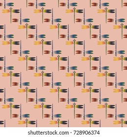 Decorative colored seamless pattern with cute dragonfly. Vintage background with many dragonflies silhouettes for your design.