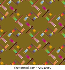 Decorative colored seamless pattern with cute dragonfly. Vintage background with many dragonflies silhouettes for your design.