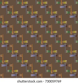 Decorative colored seamless pattern with cute dragonfly. Vintage background with many dragonflies silhouettes for your design.