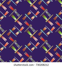 Decorative colored seamless pattern with cute dragonfly. Vintage background with many dragonflies silhouettes for your design.