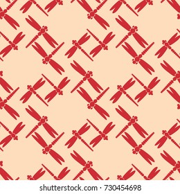Decorative colored seamless pattern with cute dragonfly. Vintage background with many dragonflies silhouettes for your design.