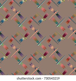 Decorative colored seamless pattern with cute dragonfly. Vintage background with many dragonflies silhouettes for your design.