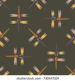 Decorative colored seamless pattern with cute dragonfly. Vintage background with many dragonflies silhouettes for your design.