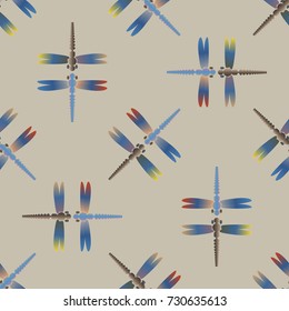 Decorative colored seamless pattern with cute dragonfly. Vintage background with many dragonflies silhouettes for your design.