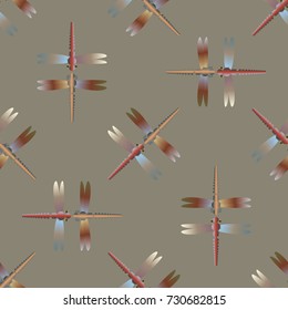 Decorative colored seamless pattern with cute dragonfly. Vintage background with many dragonflies silhouettes for your design.