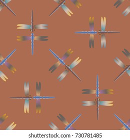 Decorative colored seamless pattern with cute dragonfly. Vintage background with many dragonflies silhouettes for your design.