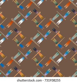 Decorative colored seamless pattern with cute dragonfly. Vintage background with many dragonflies silhouettes for your design.