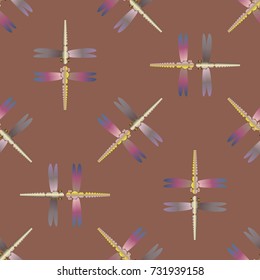 Decorative colored seamless pattern with cute dragonfly. Vintage background with many dragonflies silhouettes for your design.