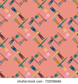 Decorative colored seamless pattern with cute dragonfly. Vintage background with many dragonflies silhouettes for your design.
