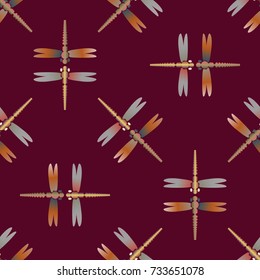 Decorative colored seamless pattern with cute dragonfly. Vintage background with many dragonflies silhouettes for your design.