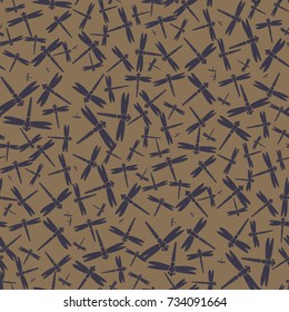 Decorative colored seamless pattern with cute dragonfly. Vintage background with many dragonflies silhouettes for your design.