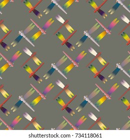 Decorative colored seamless pattern with cute dragonfly. Vintage background with many dragonflies silhouettes for your design.