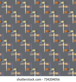 Decorative colored seamless pattern with cute dragonfly. Vintage background with many dragonflies silhouettes for your design.