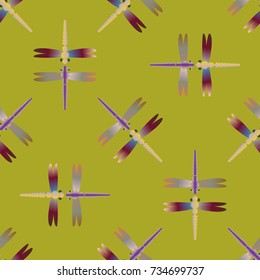 Decorative colored seamless pattern with cute dragonfly. Vintage background with many dragonflies silhouettes for your design.