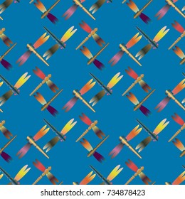Decorative colored seamless pattern with cute dragonfly. Vintage background with many dragonflies silhouettes for your design.