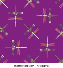 Decorative colored seamless pattern with cute dragonfly. Vintage background with many dragonflies silhouettes for your design.