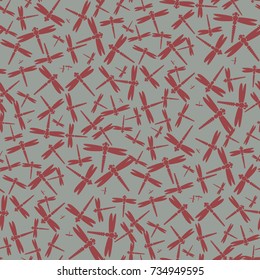 Decorative colored seamless pattern with cute dragonfly. Vintage background with many dragonflies silhouettes for your design.