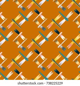 Decorative colored seamless pattern with cute dragonfly. Vintage background with many dragonflies silhouettes for your design.