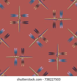 Decorative colored seamless pattern with cute dragonfly. Vintage background with many dragonflies silhouettes for your design.