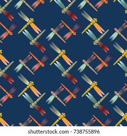 Decorative colored seamless pattern with cute dragonfly. Vintage background with many dragonflies silhouettes for your design.