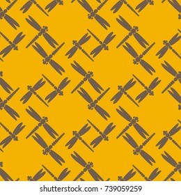 Decorative colored seamless pattern with cute dragonfly. Vintage background with many dragonflies silhouettes for your design.