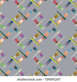 Decorative colored seamless pattern with cute dragonfly. Vintage background with many dragonflies silhouettes for your design.