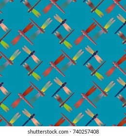 Decorative colored seamless pattern with cute dragonfly. Vintage background with many dragonflies silhouettes for your design.