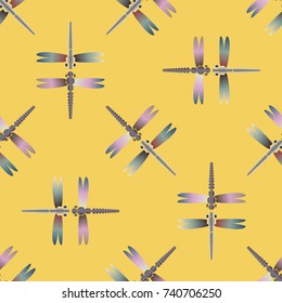 Decorative colored seamless pattern with cute dragonfly. Vintage background with many dragonflies silhouettes for your design.