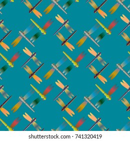 Decorative colored seamless pattern with cute dragonfly. Vintage background with many dragonflies silhouettes for your design.