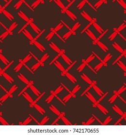Decorative colored seamless pattern with cute dragonfly. Vintage background with many dragonflies silhouettes for your design.