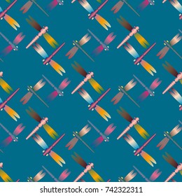Decorative colored seamless pattern with cute dragonfly. Vintage background with many dragonflies silhouettes for your design.