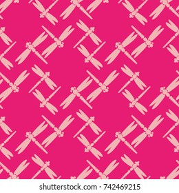 Decorative colored seamless pattern with cute dragonfly. Vintage background with many dragonflies silhouettes for your design.