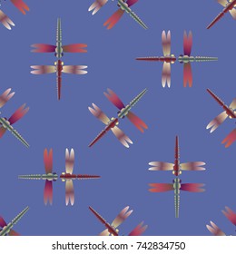 Decorative colored seamless pattern with cute dragonfly. Vintage background with many dragonflies silhouettes for your design.