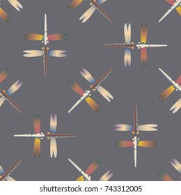 Decorative colored seamless pattern with cute dragonfly. Vintage background with many dragonflies silhouettes for your design.