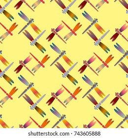 Decorative colored seamless pattern with cute dragonfly. Vintage background with many dragonflies silhouettes for your design.