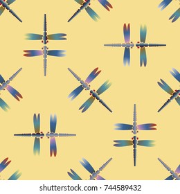 Decorative colored seamless pattern with cute dragonfly. Vintage background with many dragonflies silhouettes for your design.