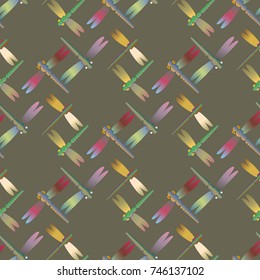 Decorative colored seamless pattern with cute dragonfly. Vintage background with many dragonflies silhouettes for your design.