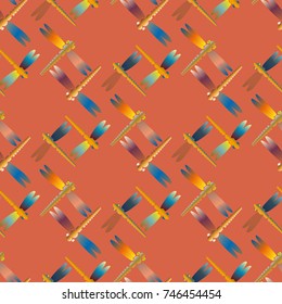 Decorative colored seamless pattern with cute dragonfly. Vintage background with many dragonflies silhouettes for your design.