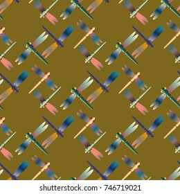 Decorative colored seamless pattern with cute dragonfly. Vintage background with many dragonflies silhouettes for your design.