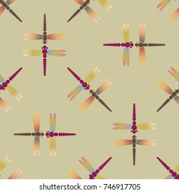 Decorative colored seamless pattern with cute dragonfly. Vintage background with many dragonflies silhouettes for your design.