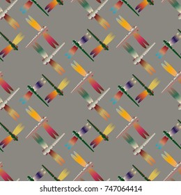 Decorative colored seamless pattern with cute dragonfly. Vintage background with many dragonflies silhouettes for your design.