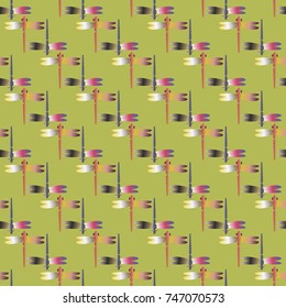 Decorative colored seamless pattern with cute dragonfly. Vintage background with many dragonflies silhouettes for your design.