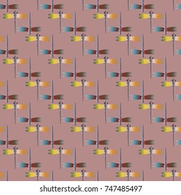 Decorative colored seamless pattern with cute dragonfly. Vintage background with many dragonflies silhouettes for your design.
