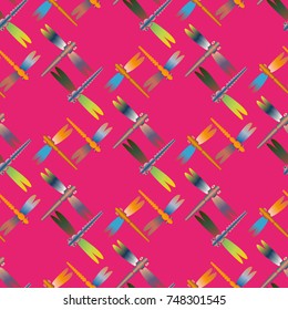 Decorative colored seamless pattern with cute dragonfly. Vintage background with many dragonflies silhouettes for your design.