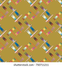 Decorative colored seamless pattern with cute dragonfly. Vintage background with many dragonflies silhouettes for your design.