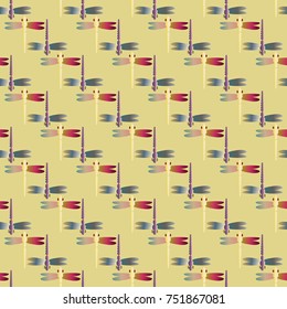Decorative colored seamless pattern with cute dragonfly. Vintage background with many dragonflies silhouettes for your design.