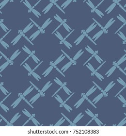 Decorative colored seamless pattern with cute dragonfly. Vintage background with many dragonflies silhouettes for your design.