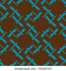 Decorative colored seamless pattern with cute dragonfly. Vintage background with many dragonflies silhouettes for your design.