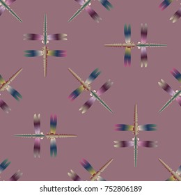 Decorative colored seamless pattern with cute dragonfly. Vintage background with many dragonflies silhouettes for your design.